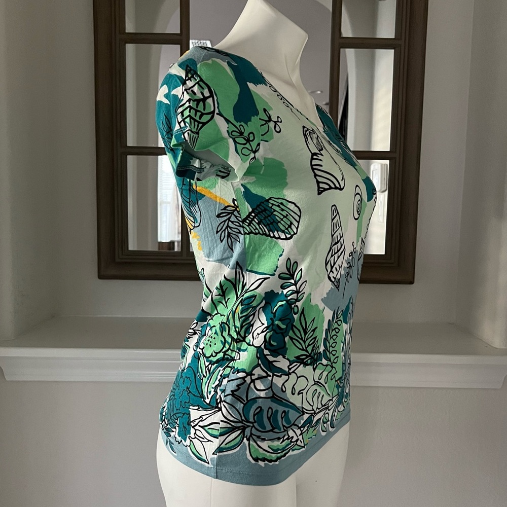 Ann Taylor Crew Neck Top Cotton Marine Green Multi Short Sleeve Size S NEW - Picture 6 of 9